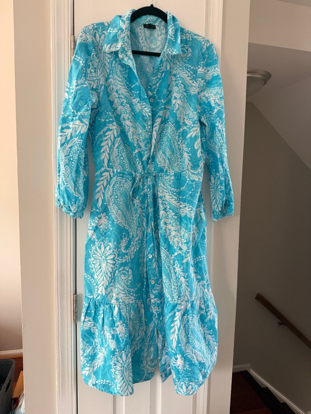 Talbots Turquoise and White Paisley Button-Front Long Sleeve Dress